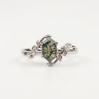 Long Hexagon Cut Moss Agate Leaf Solitaire Silver Ring