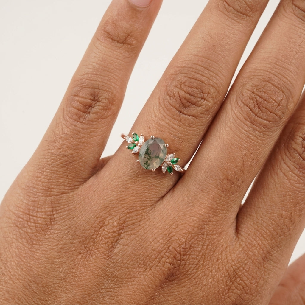 Oval Moss Agate Marquise Emerald And CZ Engagement Ring With Model Finger