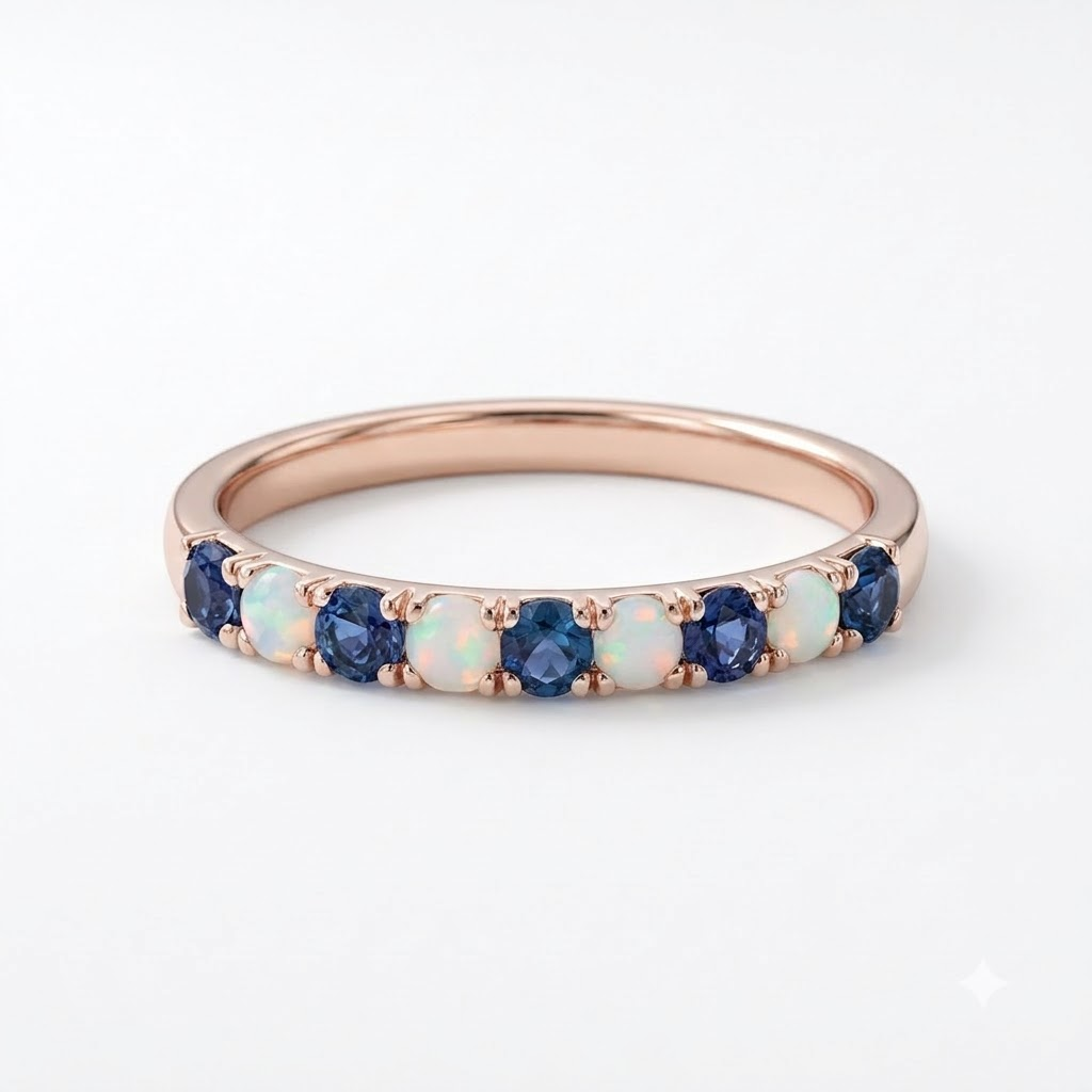 Opal and Alexandrite Ring Sterling Silver, Dainty Gemstone Band