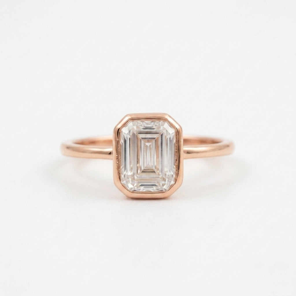 Emerald 1.5Ct Bezel Moissanite Rose Gold Engagement Ring