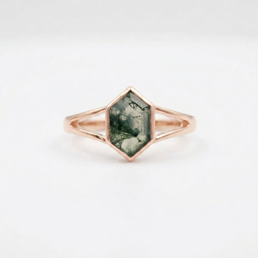 Vintage Bezel Setting Moss Agate  Rose Gold Engagement Ring