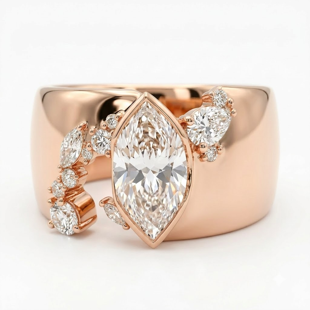 Marquise Moissanite Gold Fractured Cigar Rose Gold Band