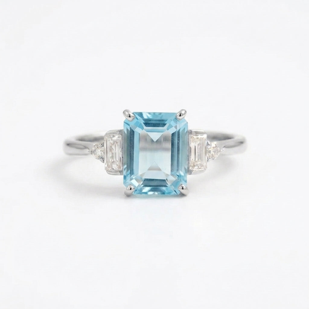 Aquamarine Gemstone Engagement Ring Emerald Cut Ring Silver For Women