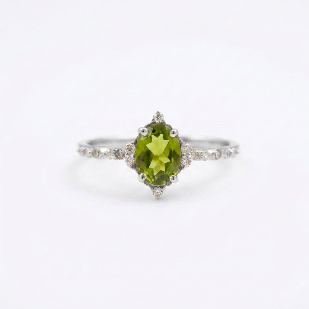 Oval Cut Cluster Halo Diamond Peridot Silver Engagement Ring