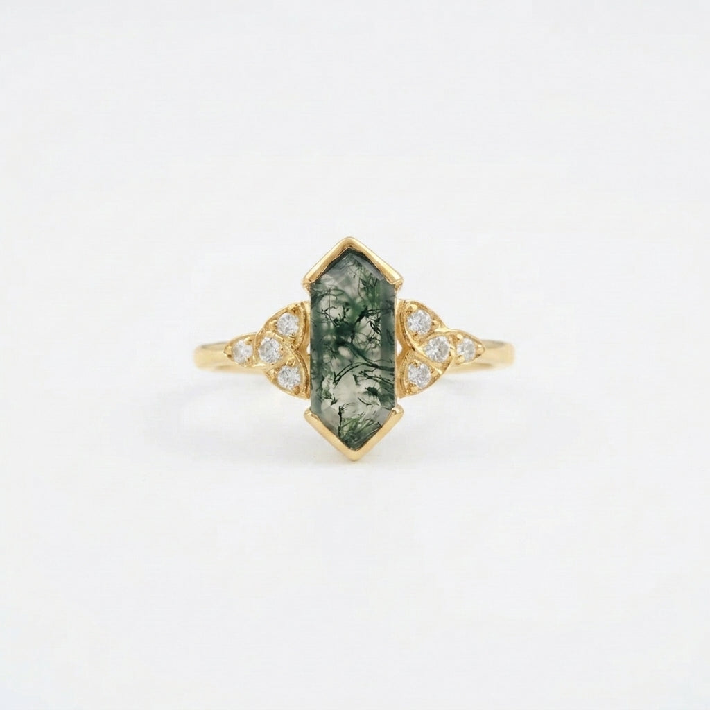 Moss Agate Hexagon Gold Engagement Ring