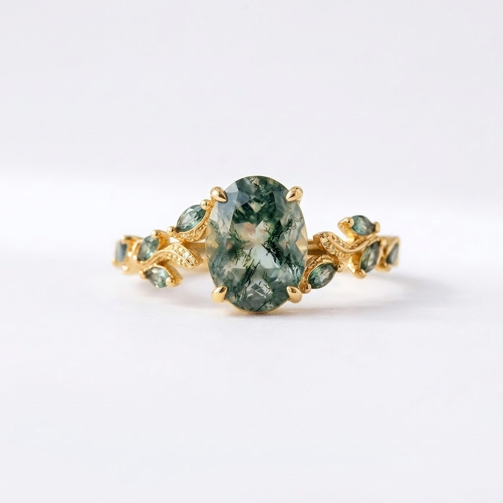 Oval Moss Agate Leaf Vintage Bridal Gold Engagement Ring
