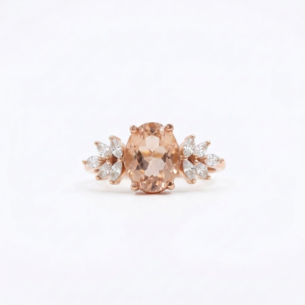 Oval Morganite Gemstone CZ Cluster Rose Gold Engagement Ring