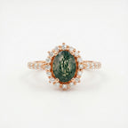 Oval Moss Agate Halo Diamond Rose Gold Engagement Ring
