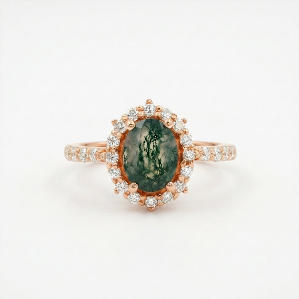 Oval Moss Agate Halo Diamond Rose Gold Engagement Ring