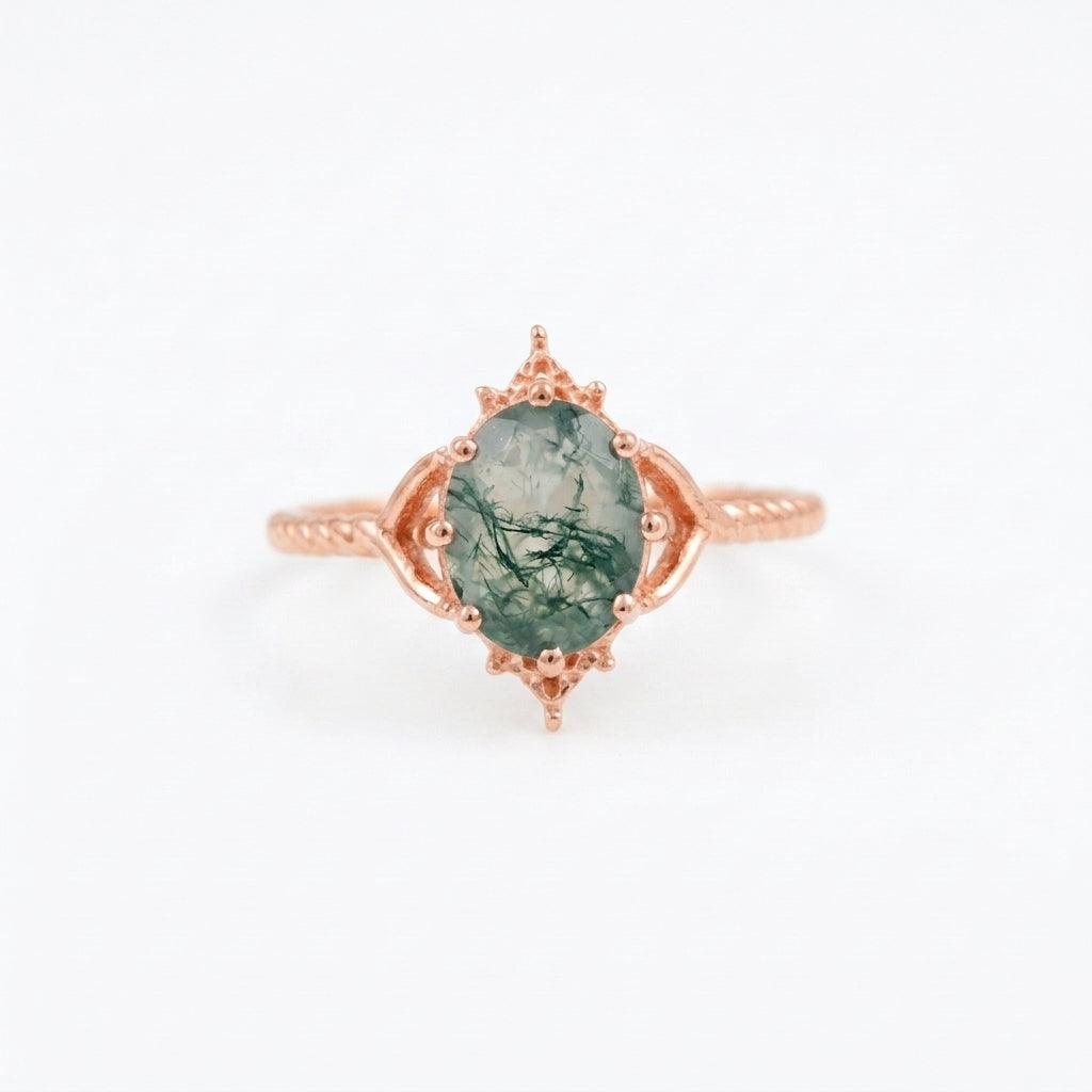 Vintage Oval Moss Agate Rose Gold Engagement Ring
