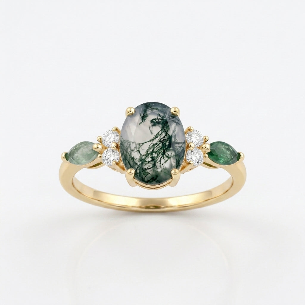 Moss Agate Oval Cut Gold Engagement Ring