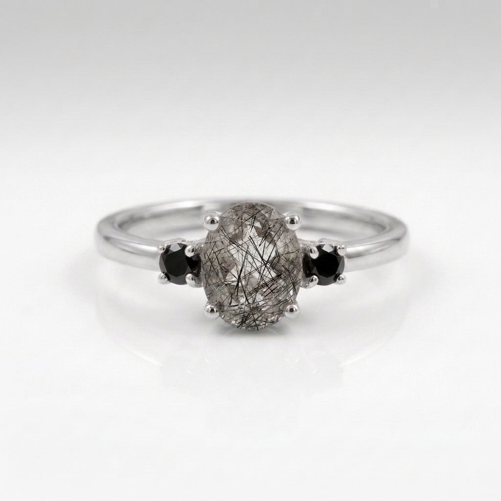 Oval Cut Black Rutile Quartz Silver Engagement Ring