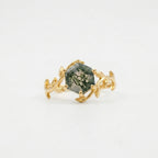 Moss Agate Leaf Hexagon Gold Engagement Ring