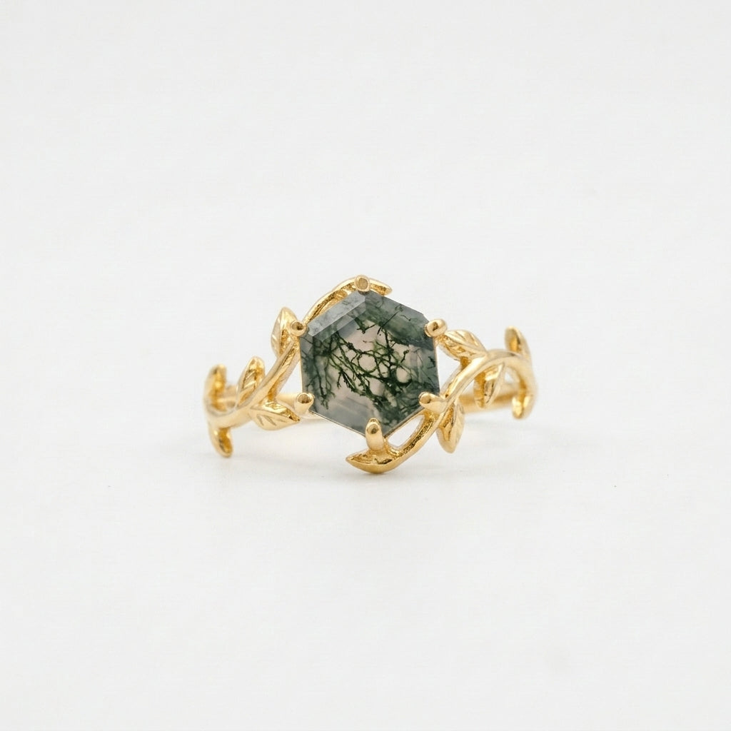 Moss Agate Leaf Hexagon Gold Engagement Ring