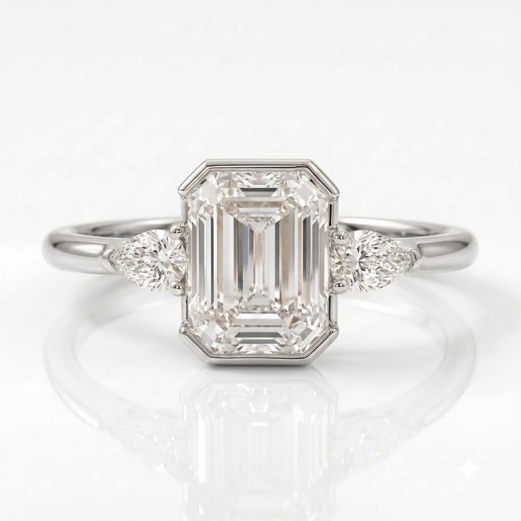 Emerald Cut Moissanite Engagement Silver Ring