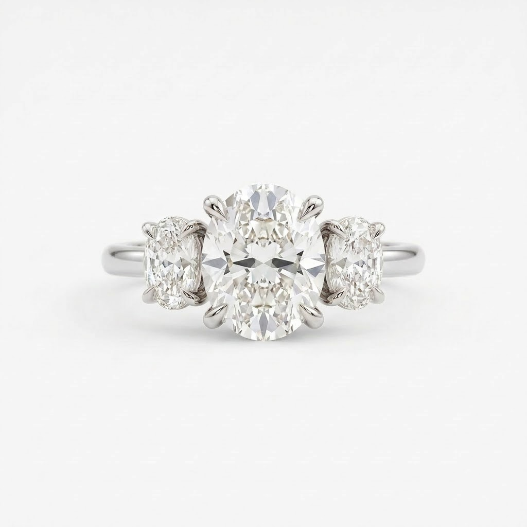 Three Stone Oval Moissanite Ring Silver Engagement Ring