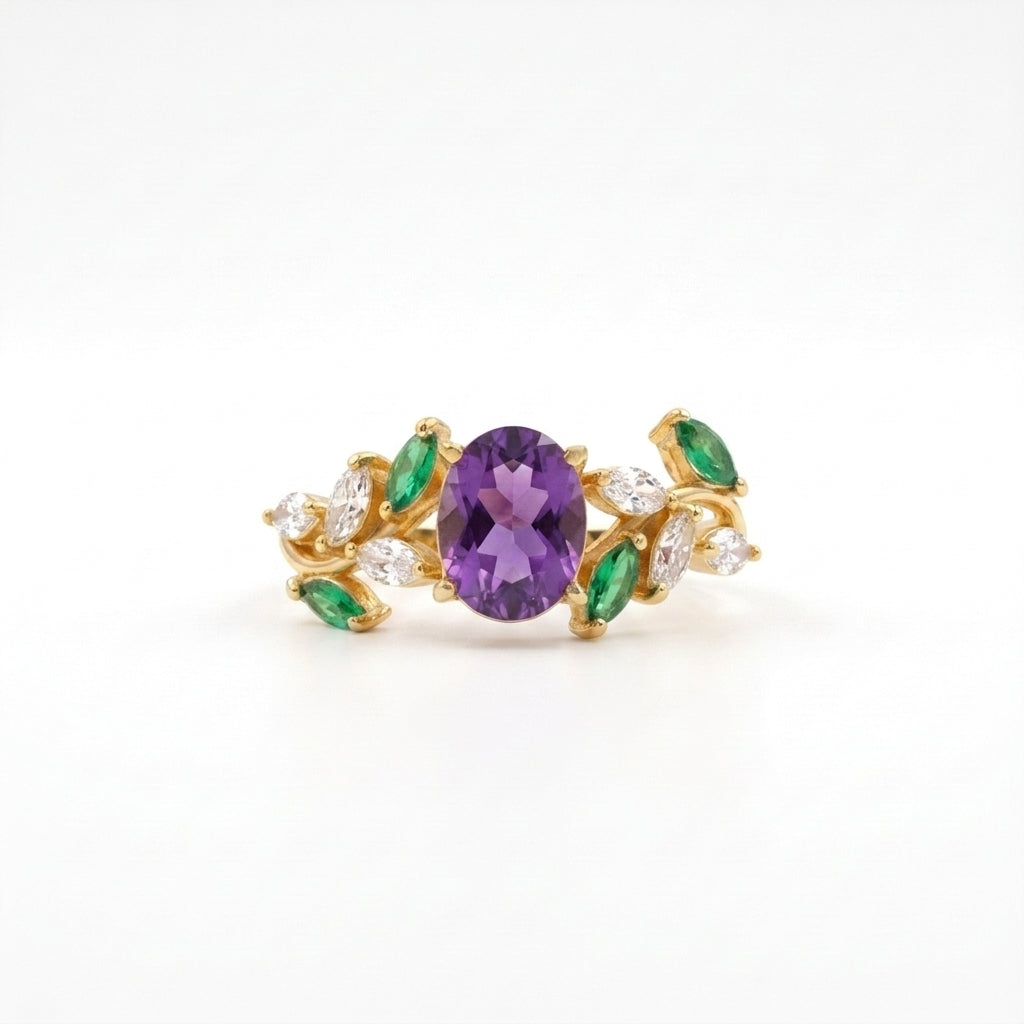 Oval Amethyst & Emerald CZ Cluster Gold Engagement Ring