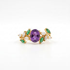 Oval Amethyst & Emerald CZ Cluster Gold Engagement Ring
