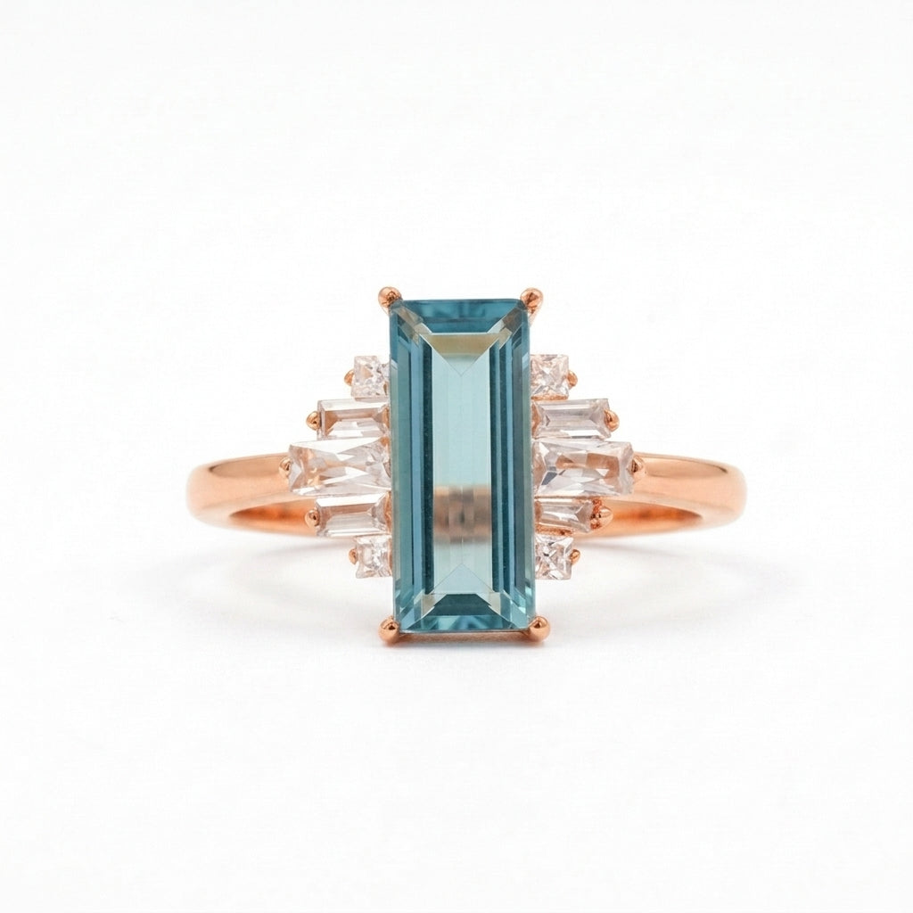 Antique Aquamarine and Moissanite Rose Gold Engagement Ring