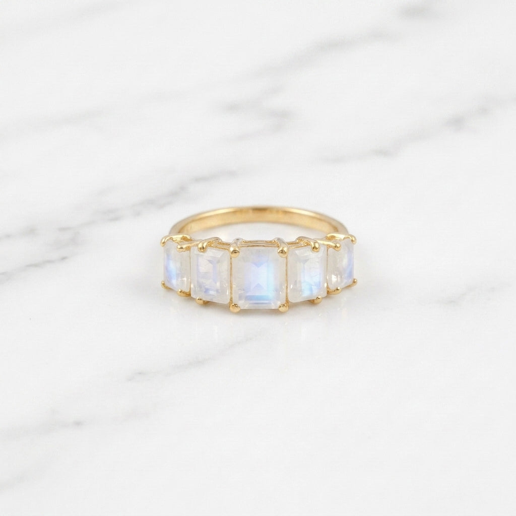 Emerald Cut Moonstone Engagement Gold Ring