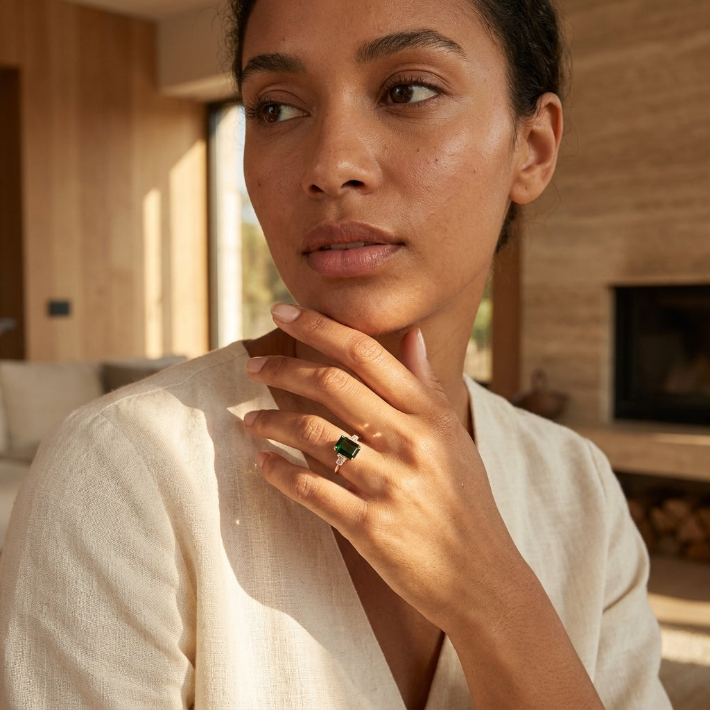 Green Emerald Gemstone Engagement Ring With Model