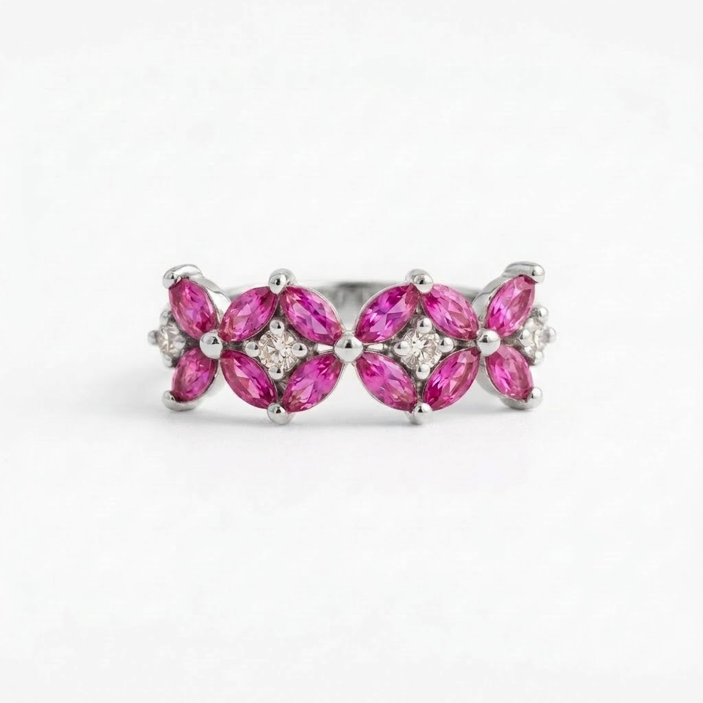 Vintage Pink Sapphire Marquise Cluster Silver Engagement Ring