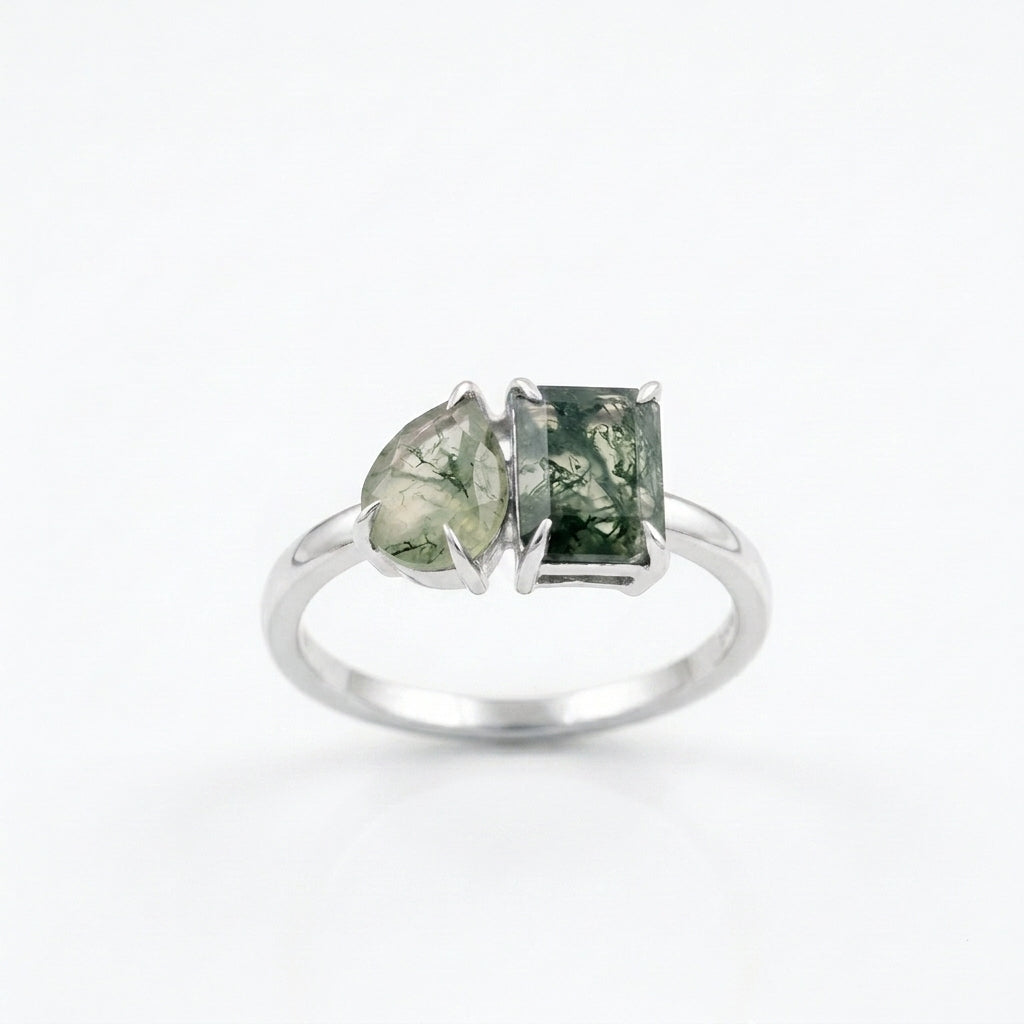 Toi Et Moi Moss Agate Emerald & Pear Cut White Gold Ring