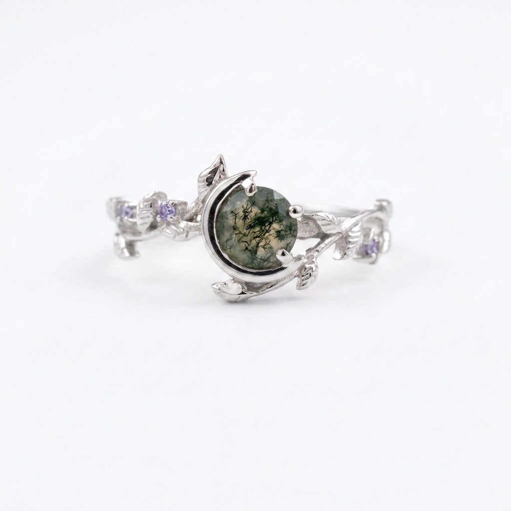 Round Natural Moss Agate Leaf Design White Gold Engagement Ring