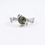 Round Natural Moss Agate Leaf Design White Gold Engagement Ring