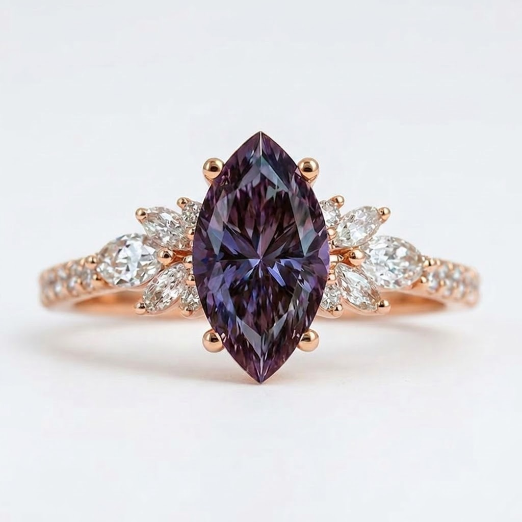 Vintage Marquise Cut Alexandrite Rose Gold Engagement Ring