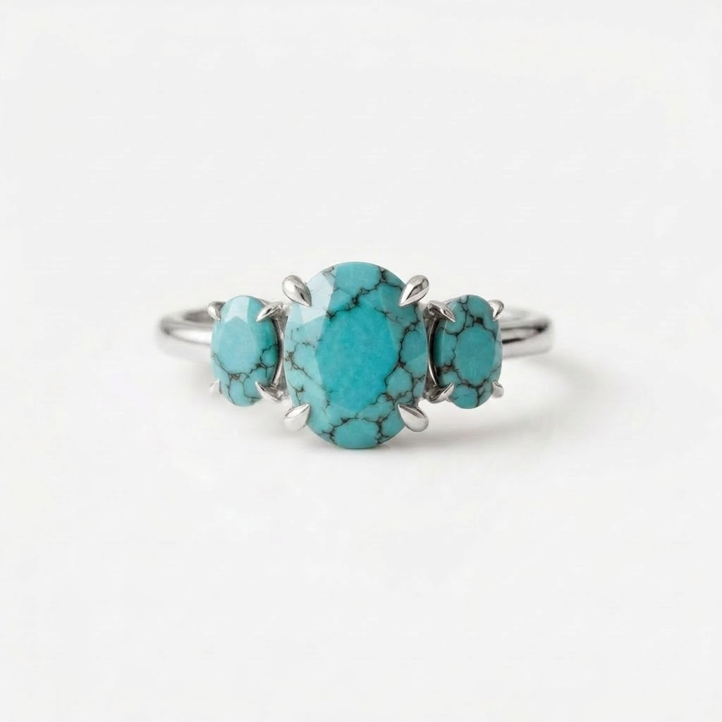 Three Stone Oval Turquoise Silver Engagement Ring