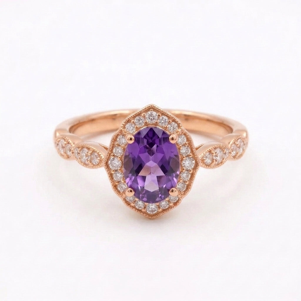 Oval Amethyst Halo Diamond Rose Gold Engagement Ring