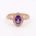 Oval Amethyst Halo Diamond Rose Gold Engagement Ring