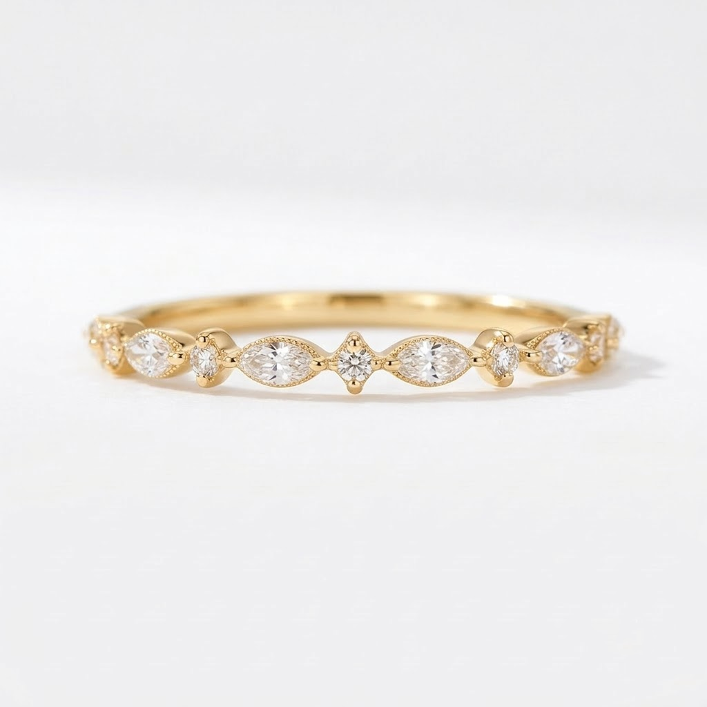 Marquise Moissanite Wedding Gold Band