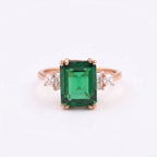 Baguette Cut Moissanite & Green Emerald Rose Gold Ring