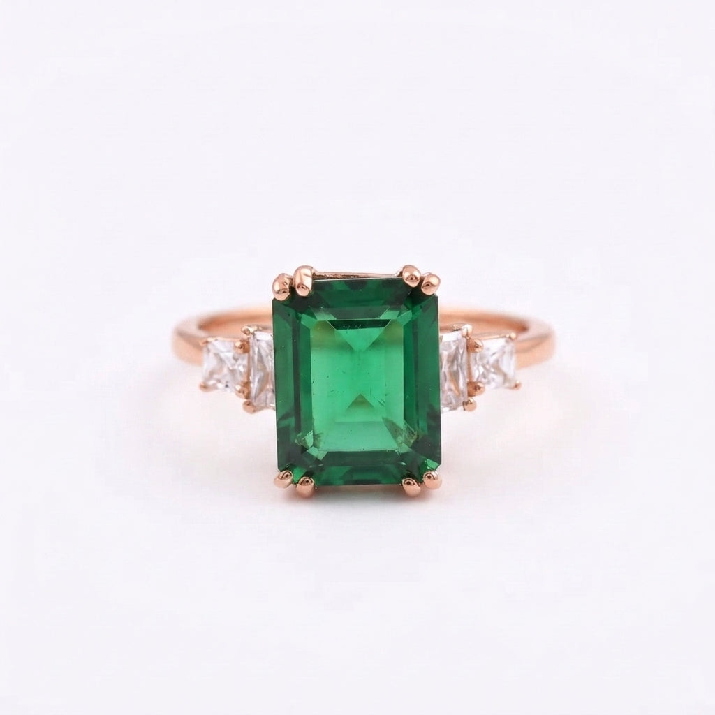Baguette Cut Moissanite & Green Emerald Rose Gold Ring