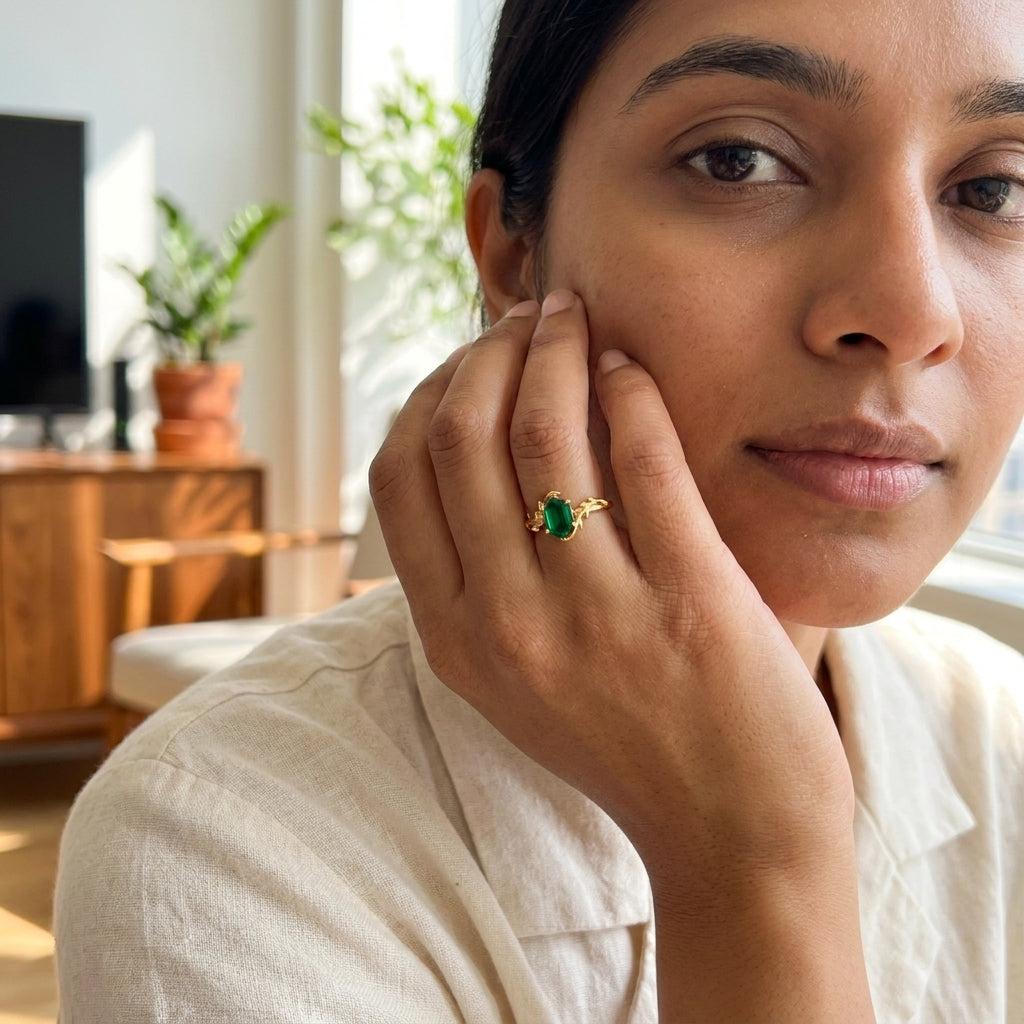 Emerald Hexagon Engagement Ring WIth Model