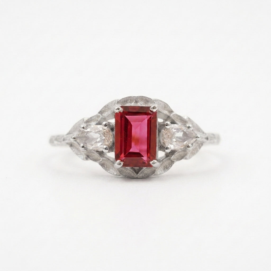Emerald Cut Ruby Nature Inspired Leaf Sliver Stacking Ring