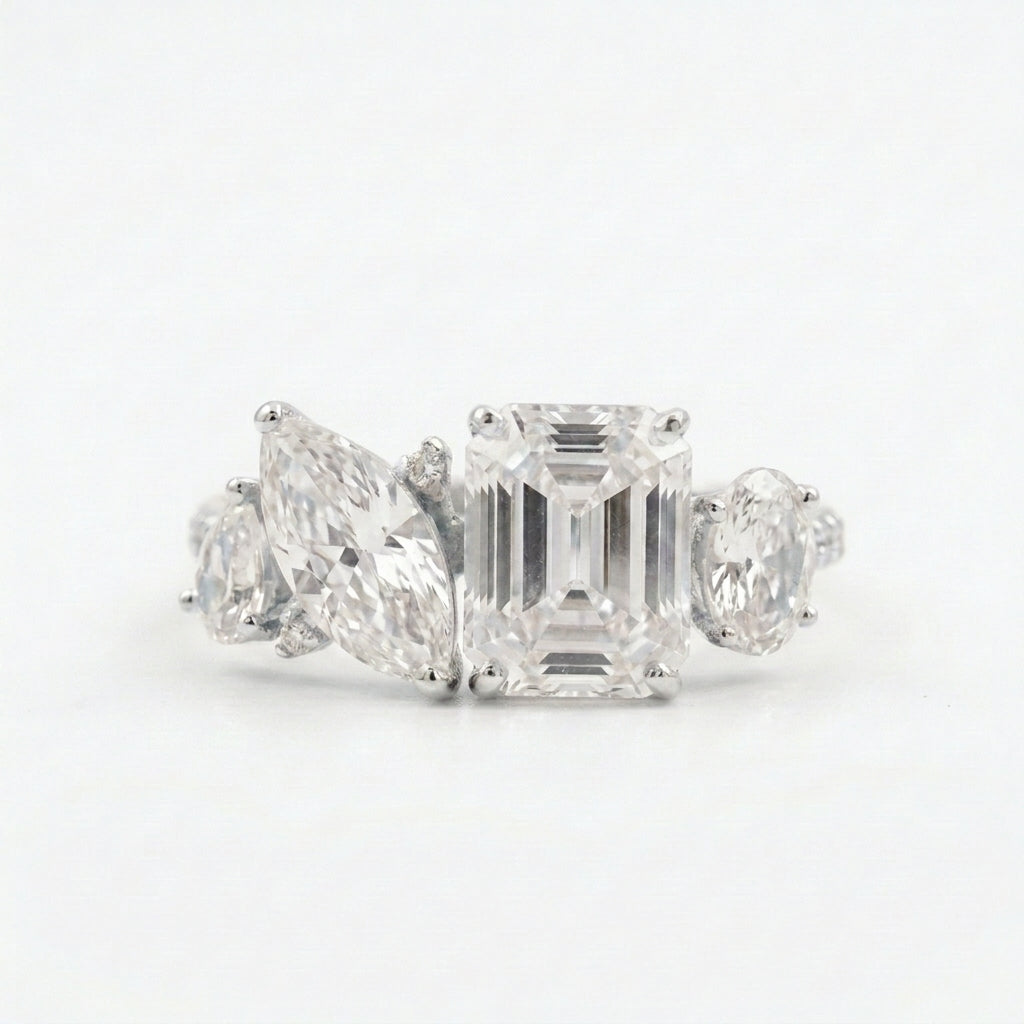 Cluster Moissanite Engagement Ring Emerald and Marquise Cut Silver Ring