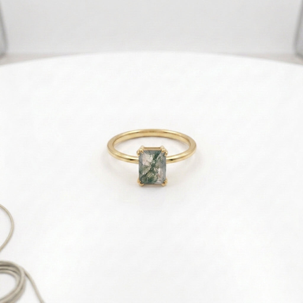 Emerald Cut Moss Agate Green Gemstone Solitaire Gold Ring