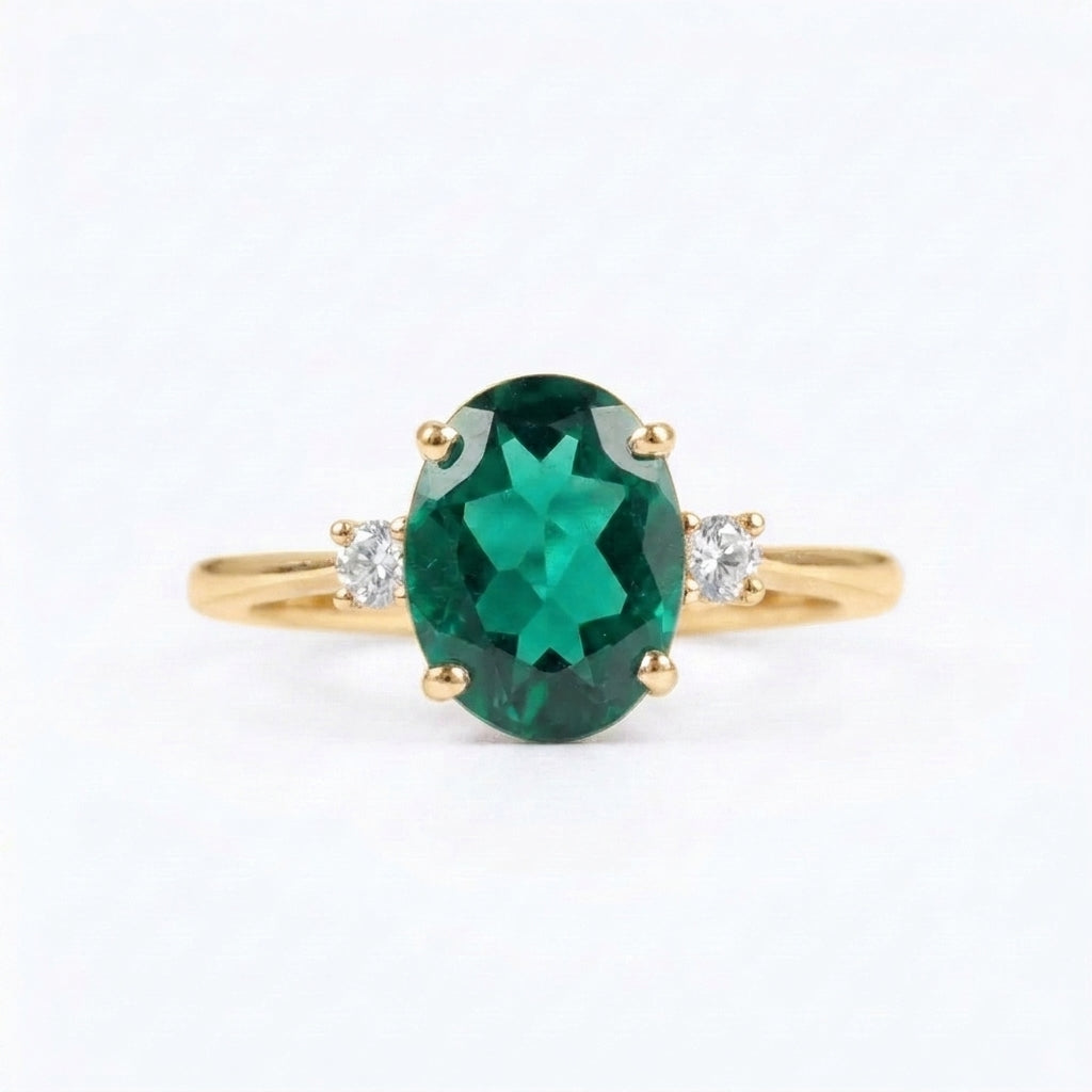 Oval Cut Emerald & Zirconia Three Stone Engagement Gold Ring