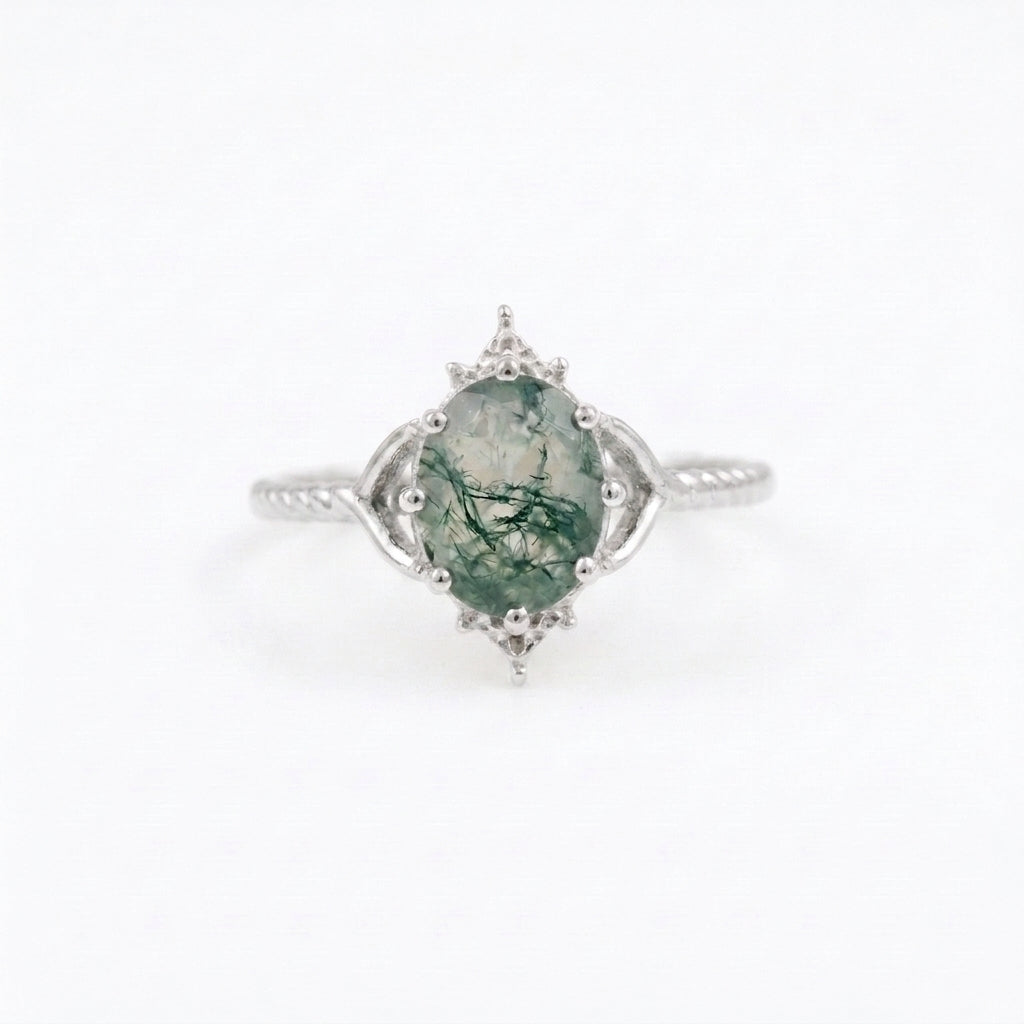 Vintage Oval Moss Agate Silver Engagement Ring