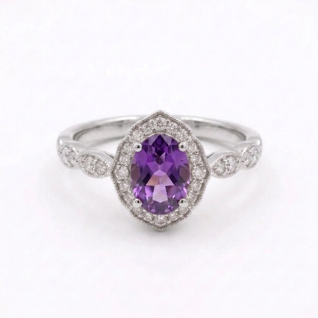 Oval Amethyst Halo Diamond Silver Engagement Ring