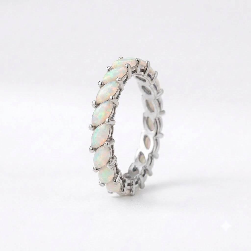 Marquise Opal Eternity October Birthstone Silver Band