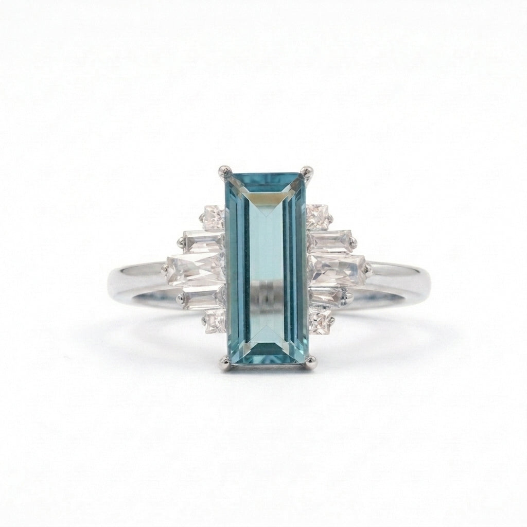 Antique Aquamarine and Moissanite Silver Engagement Ring