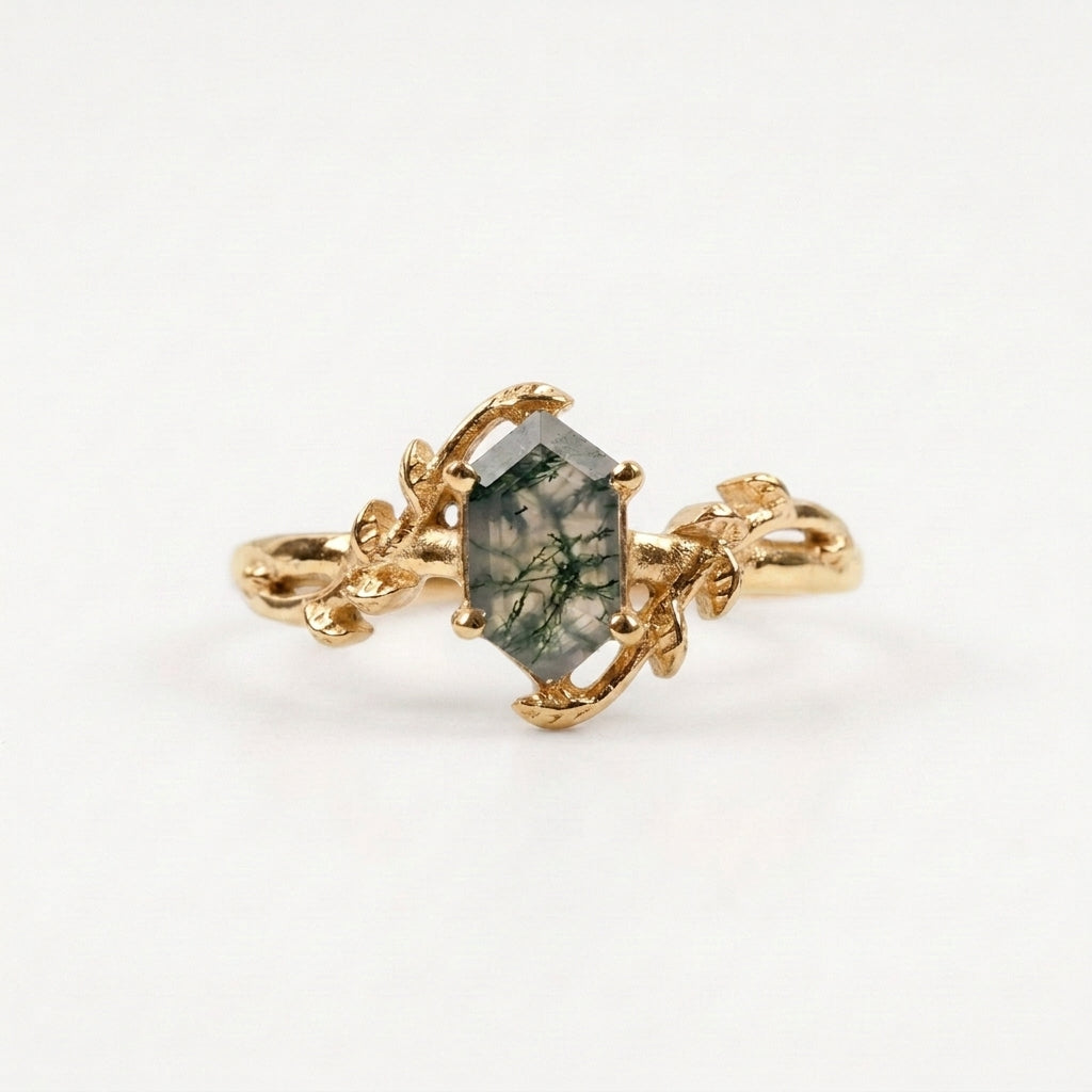 Long Hexagon Cut Moss Agate Leaf Solitaire Gold Ring