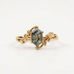 Long Hexagon Cut Moss Agate Leaf Solitaire Gold Ring
