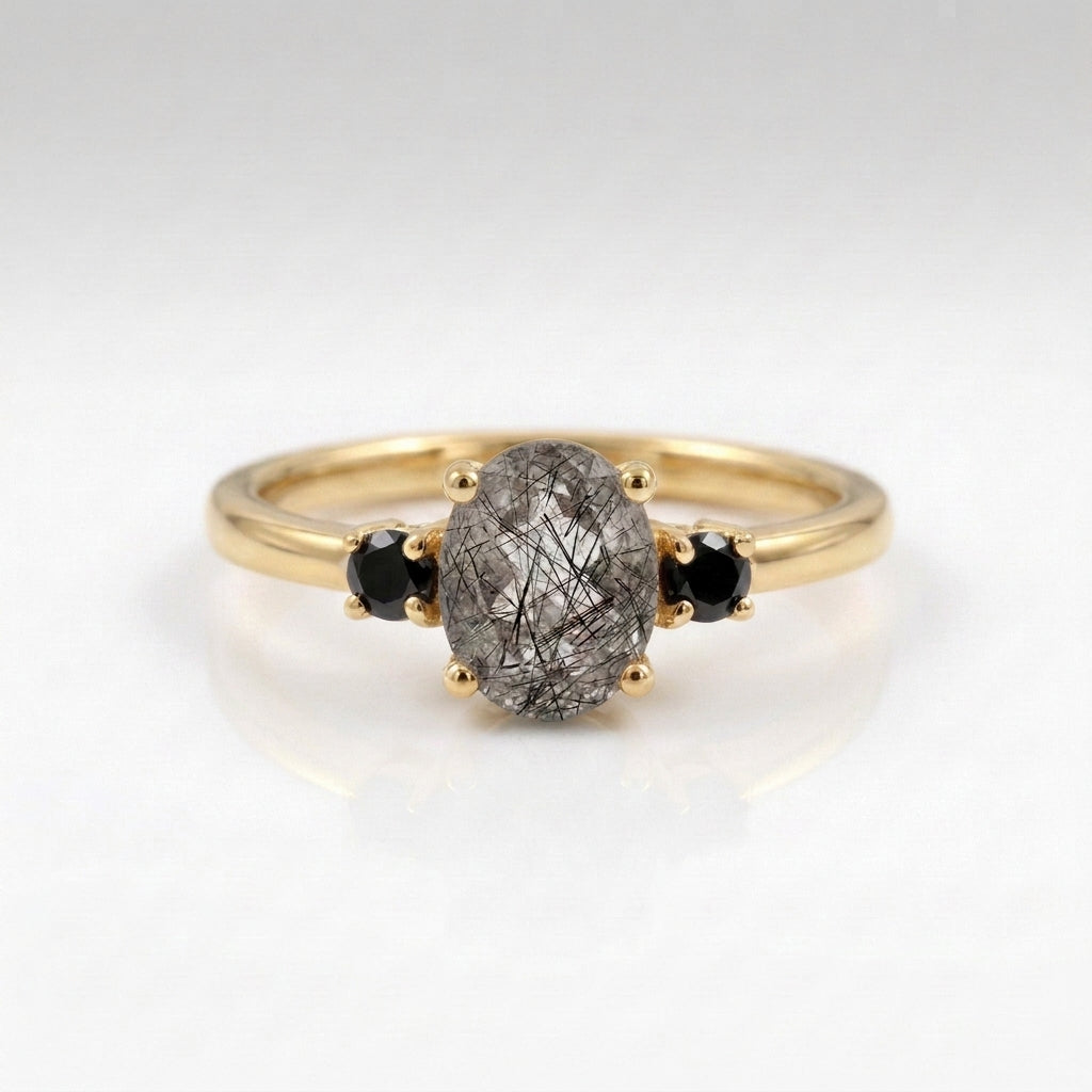 Oval Cut Black Rutile Quartz Gold Engagement Ring