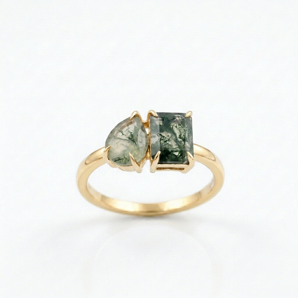 Toi Et Moi Moss Agate Emerald & Pear Cut Gold Ring