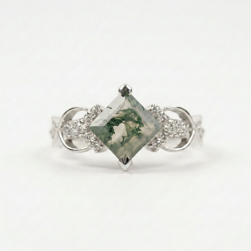 Princess cut Moss Agate White Gold  engagement ring